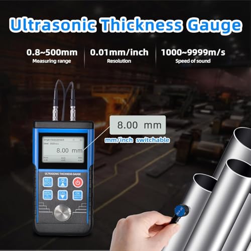 Calibrador de espesores ultrasónico Kethvoz, rango 0,8 mm–500 mm / 0,031–19,685 pulgadas, con calibración automática y velocidad del sonido ajustable, para acero, latón, vidrio, cerámica y PVC miniatura 2