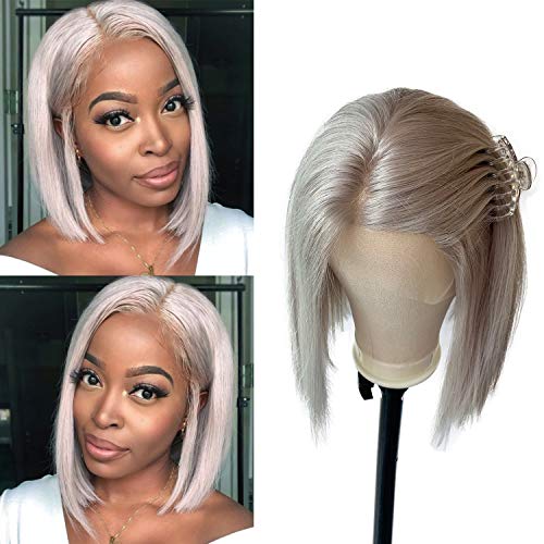Brazilian Bob Wig Grey Straight Human Hair T Part Short Wigs 10 Inch Pre Plucked 13x4x1"Middle Hairline Lace Front Wig 180 Density Full End Bouncy Soft Hair Glueless Wig Can Be Restyle