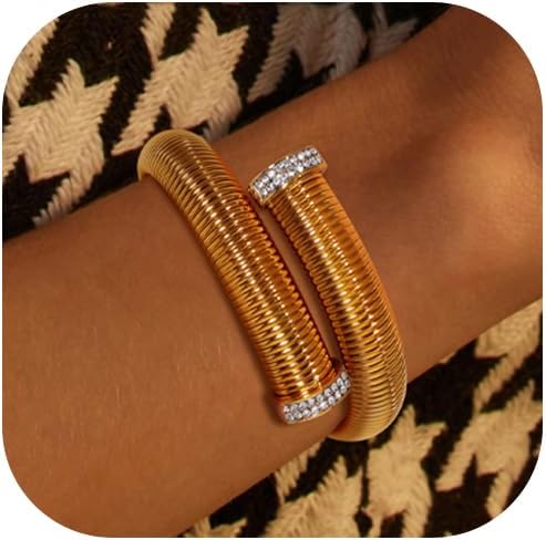 AwinesnGold Bangles for Women Chunky Stretch Bangles Bracelets Set 18K Gold Plated Stainless Steel Link Chain Bracelets Flexible Wide Wristband Bracelets Set of 3 Jewelry Gifts for Women