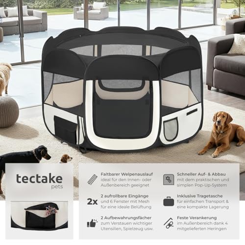tectake® Welpenlaufstall, Tierlaufstall, Wurfkiste für Hund, Katze, Kaninchen, Auslauf, Gehege für Wohnung oder Camping - Hundezaun, Hundegitter, Auslaufgehege, Kleintiergehege - schwarz
