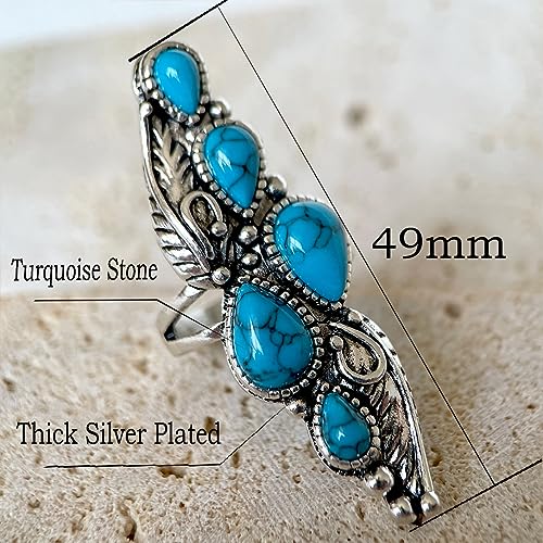 HAIXIAN Antique Full Finger Turquoise Stones Ring,Retro Thick Silver Plated Multi Waterdrop Gemstone Crystal Wide Cocktail Party Ring Jewelry3