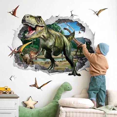 wondever 3D Large Dinosaur Wall Stickers Dino Crack Hole Dinosaur Animal Peel and Stick Wall Art Decals for Boys Room Baby Nursery Kids Bedroom Cover