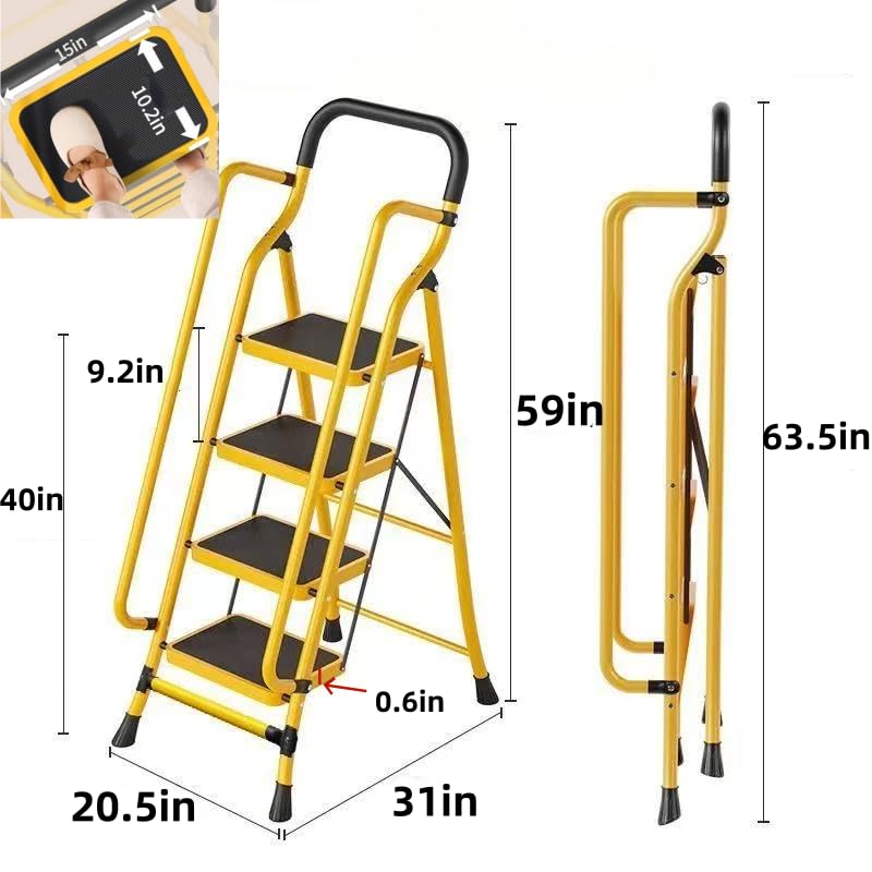 Image of 4 Step Ladder, 4 Step Stool for Adults Folding Step Stool with Handrails, Ladders for Home Kitchen Pantry Office, 500 lb Sturdy Steel Ladder with Anti-Slip Wide Pedal, Yellow