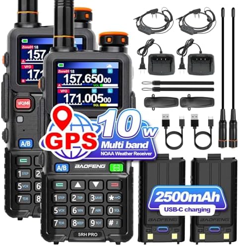 BAOFENG 5RH PRO GPS 10W Tri Band Handheld Ham Radio Long Range Two Way Radio,640CH,NOAA Weather Receiver,Walkie Talkies with Earpiece,USB-C Rechargeable 2500mAh Battery,Upgrade of baofeng 5RM,2 Pack