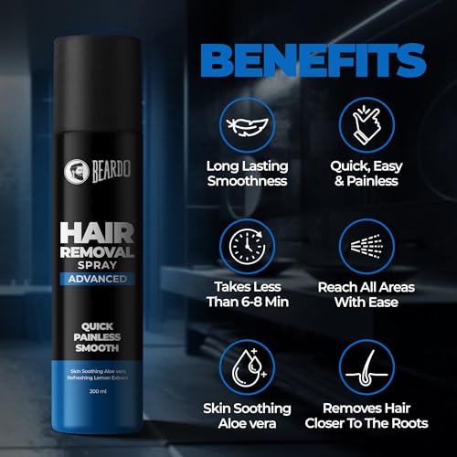 Image of BEARDO Hair Removal Spray for Men | Painless & Irritation Free Spray | For Chest, Back, Legs & Under Arms | Aloe Vera & Lemon | Gentle on Skin | No Burning or Itching | Brightening De-Tan Formula - 200ml X 2(pack of 2)