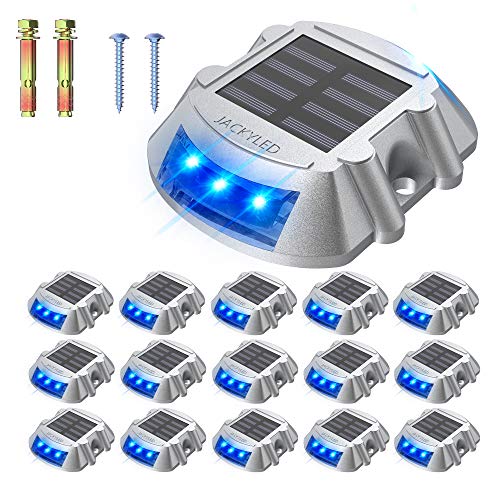 16-Pack Solar Dock Lights Bright Blue JACKYLED Solar Powered Driveway Lights Outdoor IP68 Waterproof LED Deck Lighting Road Studs for Stair Ground Backyard Path Runway