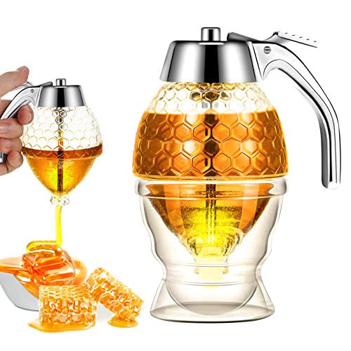 VHPJJY Syrup Dispenser Glass, Honey Dispenser with Stand Honey Container, Syrup and Sugar Jar Pot, Honey Comb Shaped Honey Pot (A)