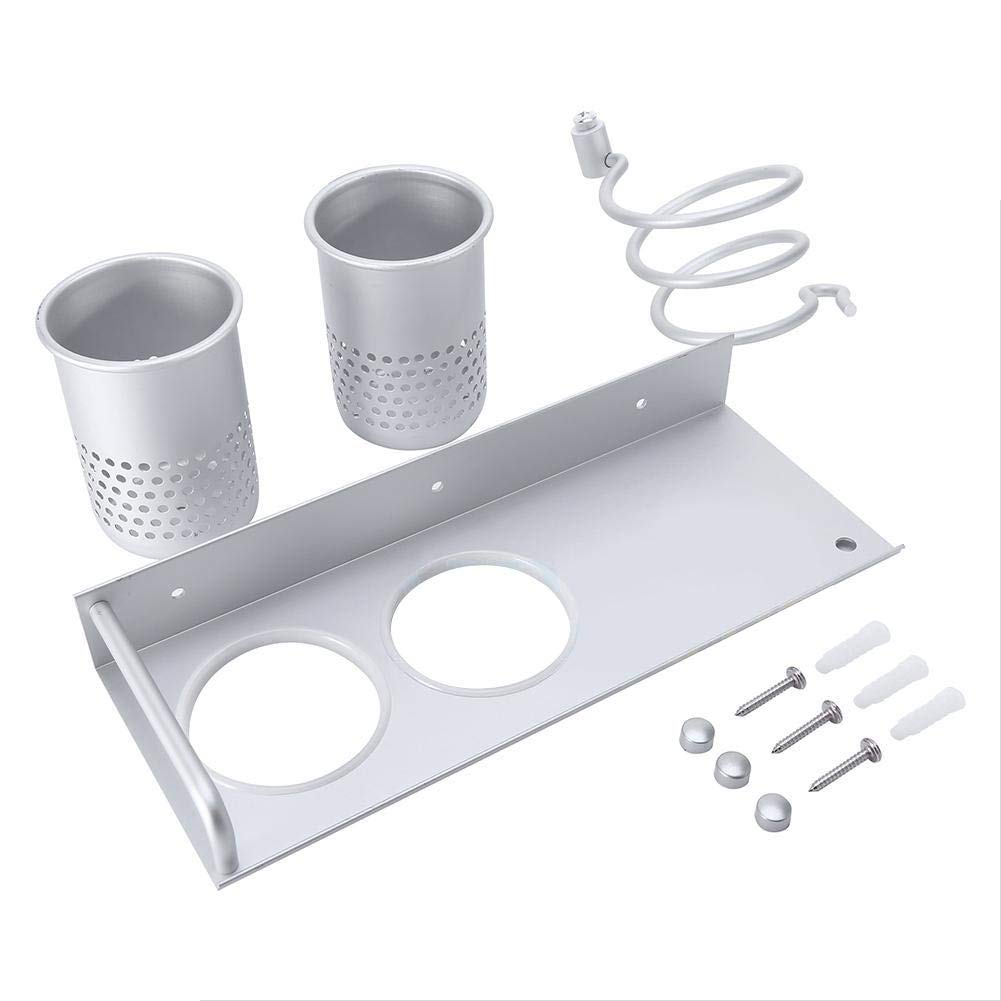 Ejoyous Porta Asciugacapelli in Alluminio, Multifunctional Supporto da Parete Asciugacapelli con 2 Tazze Supporto per Raddrizzatore per Stoccaggio Spazzolini da Denti per Bagno, Argento, 29 x 12 x 10