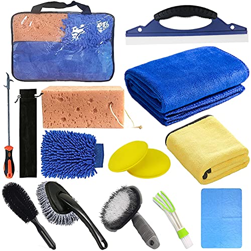 YUKING 15 PCS Car Wash Kit,Car Cleaning Detailing Kit,Microfiber Cleaning Cloth,Waxing Sponge,Tire Brush,Car Care Cleaning Tools for Cleaning Family Kits