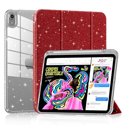 Lainergie Case for iPad (A16) 11th Generation 11-inch 2025 iPad 10th Generation 10.9-inch 2022 Cute Glittering Sparkly Shockproof Cover with Sparkly Crystal Clear Back and Pencil Holder (Red)