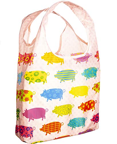 O-WITZ Reusable Grocery Bags | Vibrant Tote Bag For Groceries Gym Office Beach Gear Toys & More | Washable Design With Large Handles For Maximum Convenience | Folds Into A Small Pouch Pig