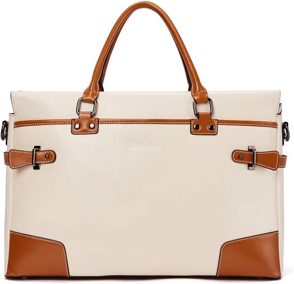 BOSTANTEN Leather Briefcase Messenger Satchel Bags Laptop Handbags for Women Apricot