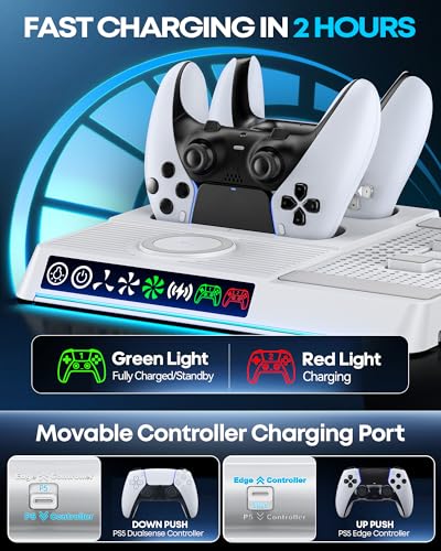 Image of Cooling Station for PS5 /Slim /Pro Disc & Digital Edition, PS5 Stand with Dual Controller Charger & 3-Level Cooling Fan & Cordless Charging, Pa5 Vertical Stand Base with 9 RGB Lights & Headset Holder