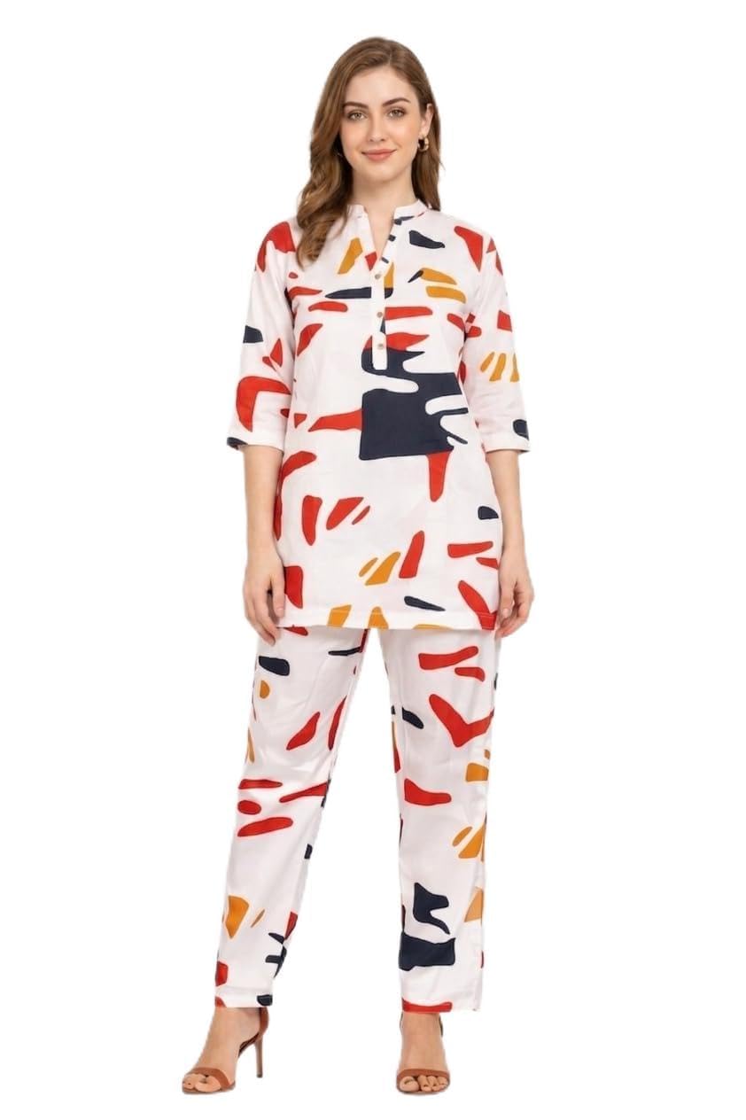 Women's Printed Co-ord Set, Top and Wide-Leg Pants, Abstract Floral Geometric Print, Casual Wear-image-17