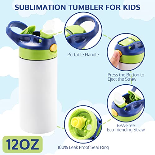 Offnova 12Oz Kids Sublimation Tumbler, 2 Pack Stainless Steel Kids Sublimation Water Bottle With Leak-Proof Straw Lid And Handle, Children Sublimation Blanks Tumblers For Milk, Soda, Juice, Drinks #TOP2
