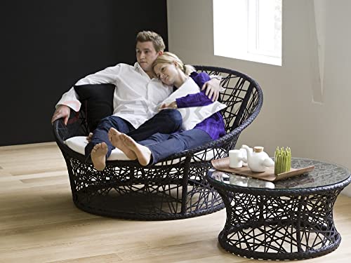 Image of DEVOKO Black & White Outdoor Wicker & Rattan Daybed For Poolside, Garden, Balcony, Patio, Beach, Terrace, Porch, Backyard - Unique Round Sofa Furniture, 139 Centimeters, 122 CM, 76 CM