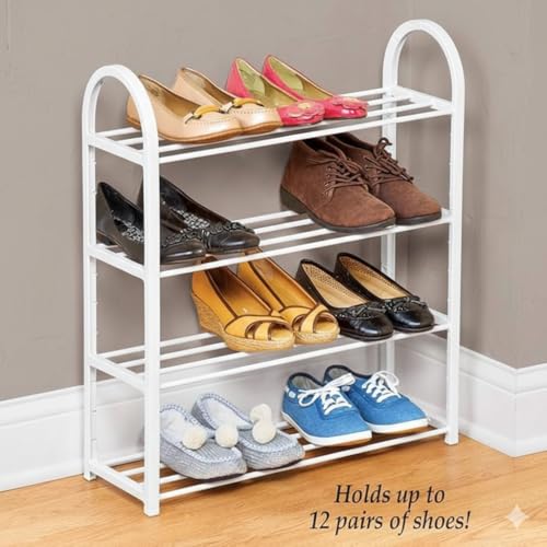 Image of Premium 4-Tier Metal Shoe Rack Organizer | Elegant Space-Saving Shoe Stand for Home & Entryway | Heavy-Duty Steel | Stores 8-12 Pairs (White, 4)