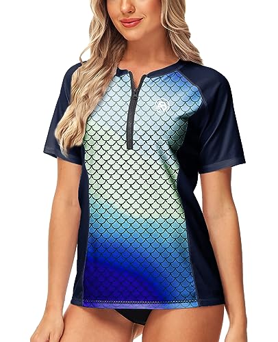 Image of AOBUTE Women Zip Rash Guard UPF 50+ Gradient Short Sleeve Swim Top Surf Shirts