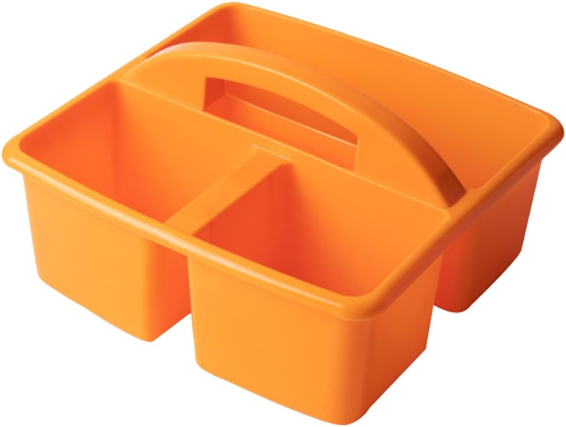 Plastic Basket Multi Compartments Painting Tool Organizer with Handle, Pen Storage Case for Art Supplies, Orange, Portable Storage Caddy for School and Home Use