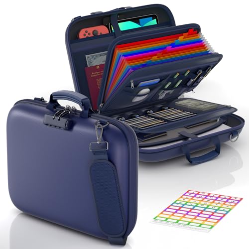 Nacial Fireproof Document Box with Lock & Shoulder Strap, Hard-Shell Fireproof File Organizer with 13 Pocket Accordion File Folder, Portable Safe Storage for Important Documents, Laptop, Blue