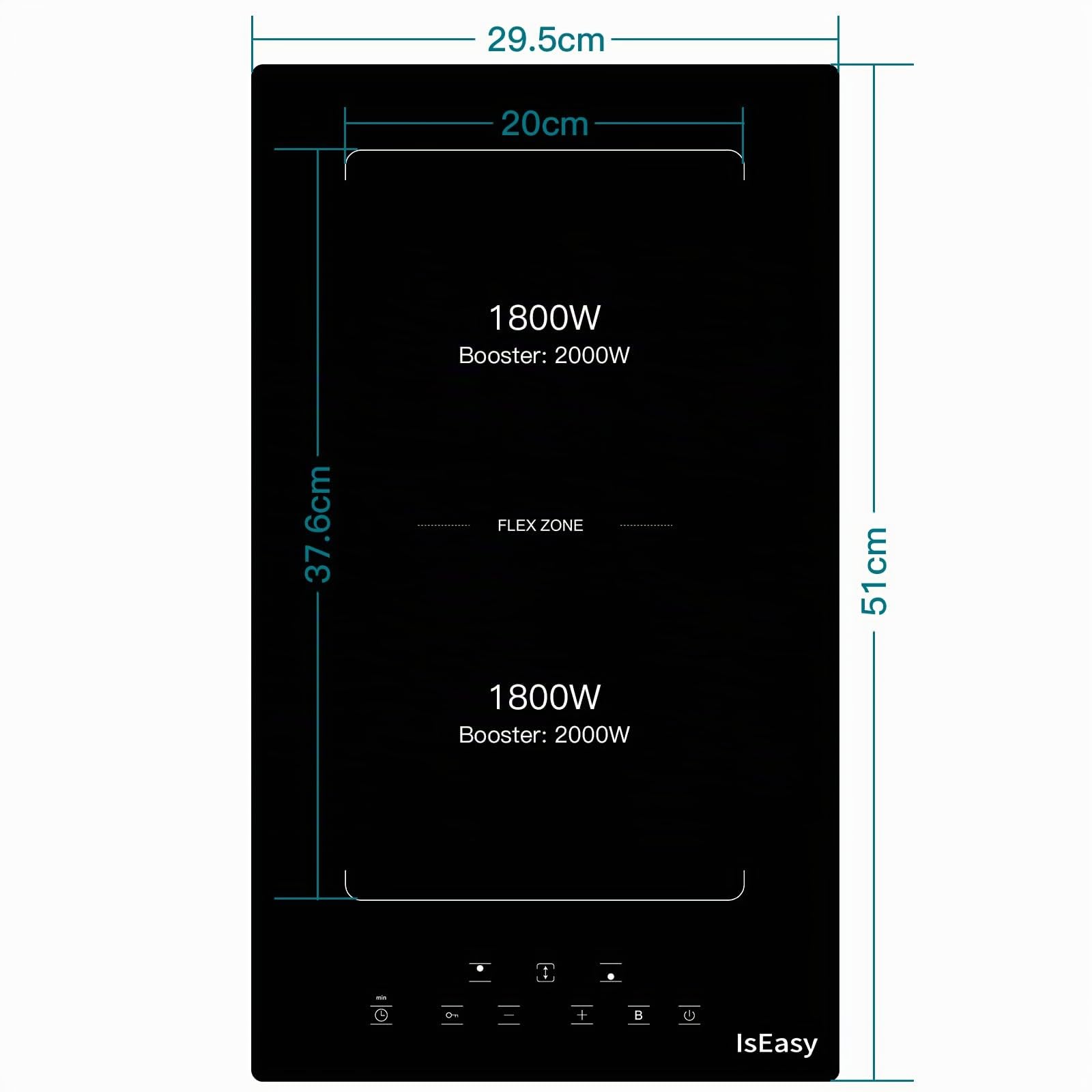 IsEasy - Placa de inducción con 2 luces empotrables, mesa de cocción eléctrica de 3400 W, 2 Boosters, temporizador, zonas flexibles, parada de coche, cerradura infantil, color negro