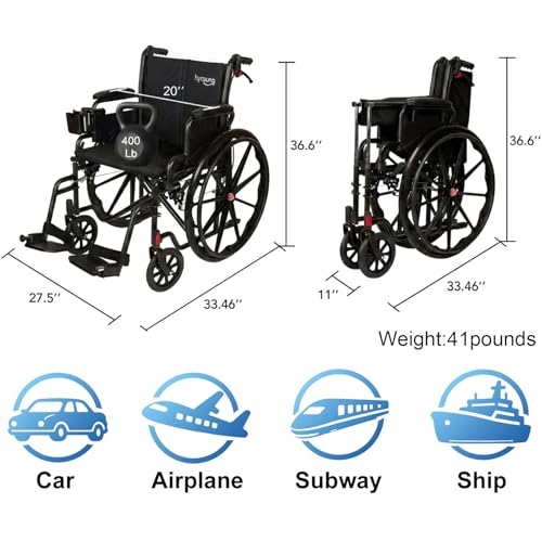 Image of Wheelchairs for Adults, Lightweight Wheelchair Foldable 20'' Manual Transport Chair with Swing-Away Footrests & Flip-Back Arms bariatric Wheelchair (Supports 400 lbs) Dual Brakes (Black)