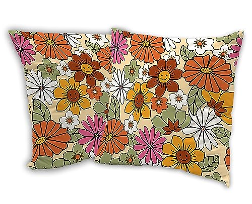 SKYDAWNY Retro 70s Groovy Flowers Throw Pillow Cover 18x18 in,Colorful Decorative Pillow Cases Set of 2 for Home Living Room Bed Sofa Bedroom Decor Cases Square Outdoor