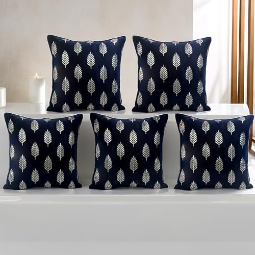 Image of Decoghar Blue Handmade Sofa Cushion Covers | Golden Zari Leaf Embroidered Square Throw Pillow Cover | 16 X 16 Inch | Pack of 3