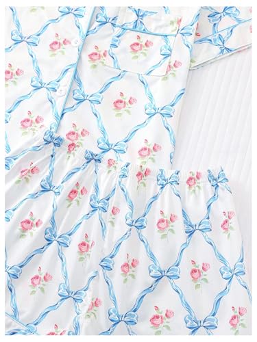 Image of Verdusa Women's 2 Piece Floral Bow Pajama Set Short Sleeve Button Down Shirt and Shorts Set