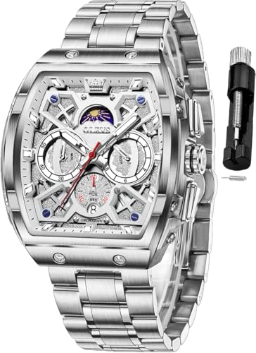 OLEVS Mens Watches Stylish Chronograph Waterproof Luminous Stainless Steel Multifunction Watch for Men Business Silver Men Wrist Watch Quartz