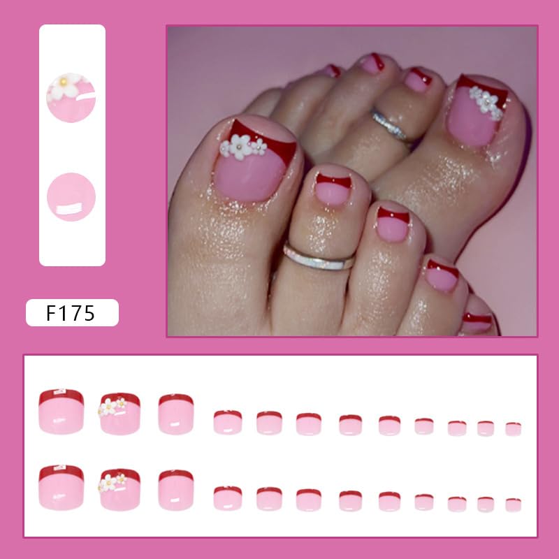 Red French Press Summer Fake Toe Nails - Glossy Design