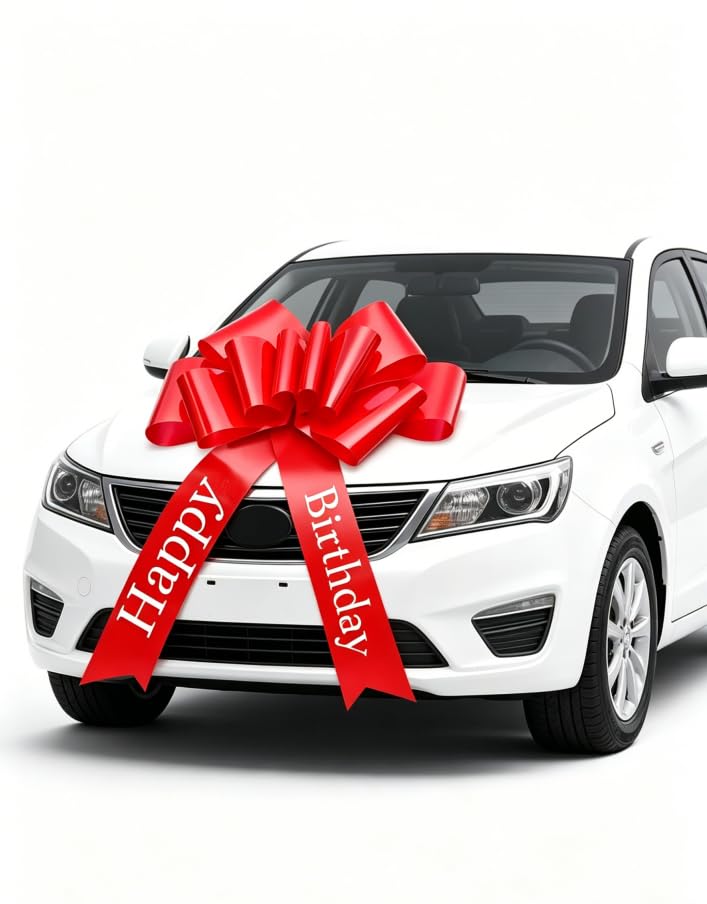 Nœud XXL rouge 76 cm réutilisable pour voiture, vélo, fête d'anniversaire et décoration de mariage, avec 4 mini nœuds dorés et ventouse, avec inscription Happy Birthday