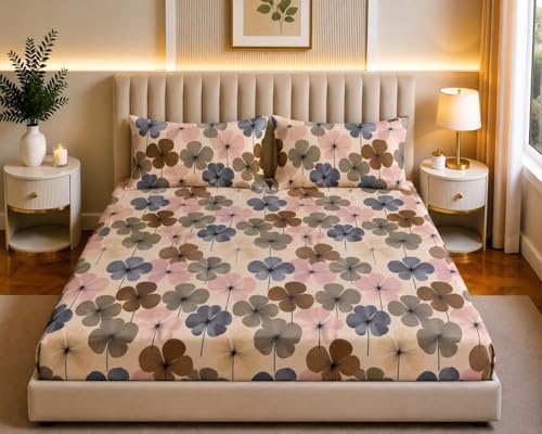 Image of Castiqa Elastic Fitted Supersoft Premium Polycotton 200TC Double Bedsheets King Size 78x72 Inch with 2 Pillow Covers (Fits Upto Mattress of 8Inches) (Multicolor VII)
