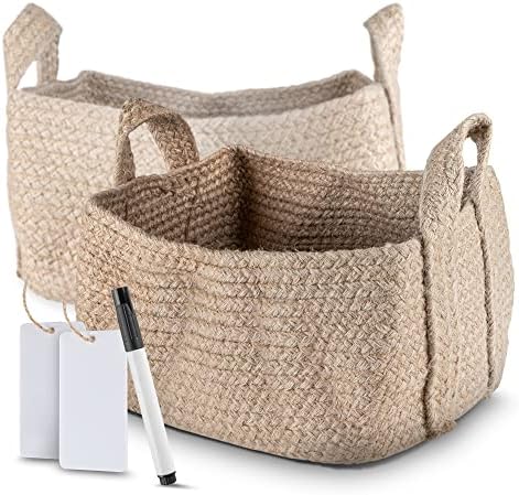 Bikcu - Woven Baskets for Storage [Set of 2] - Natural Cotton Rope Jute Baskets for Organizing - Storage Basket with Name Tags and Marker - Rope Basket with Handles - Small Baskets for Organizing
