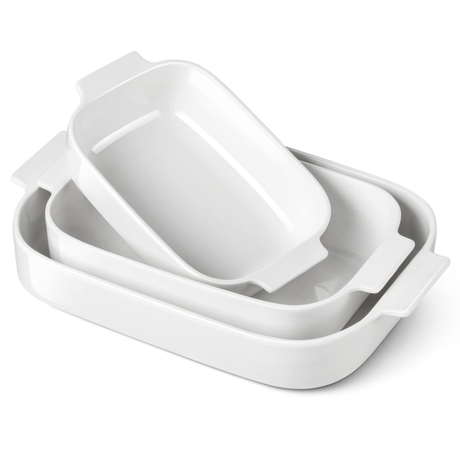 Formy do zapiekanek, biała patelnia do pieczenia, prostokątna, zestaw 3 misek do pieczenia z porcelanowymi uchwytami, idealna do lasagne, tiramisu i zapiekanek (B)