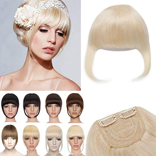 S-noilite Blonde Clip in Bangs Human Hair Thick Clip in Fringe Bangs Hairpiece Real Hair 23g 2 Clips Natural Blunt Cut Hair Extension For Women Gift #60 Platinum Blonde