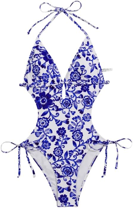 Women's Flowers Off-Shoulder Fitted One-Piece Swimsuit with Open-Back Design Comfortable Swimwear Suitable for Beach