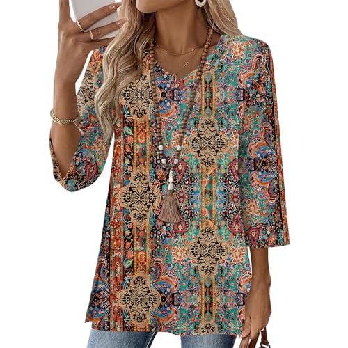 AKEWEI Cotton Linen Tunics to Wear with Leggings Swing Flare V Neck Womens Blouses Casual 3/4 Sleeve Tops for Women