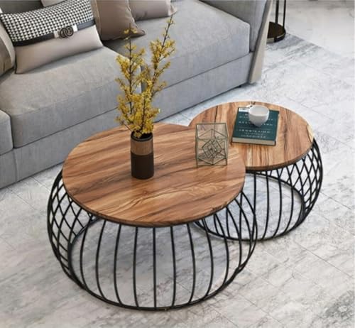 Image of Modern Coffee Tables Round Marble Laminated Tables Set of 2, Stacking Couch Center Table with Golden Metal Frame for Living Room, Bedroom or Apartments (Black Antique)