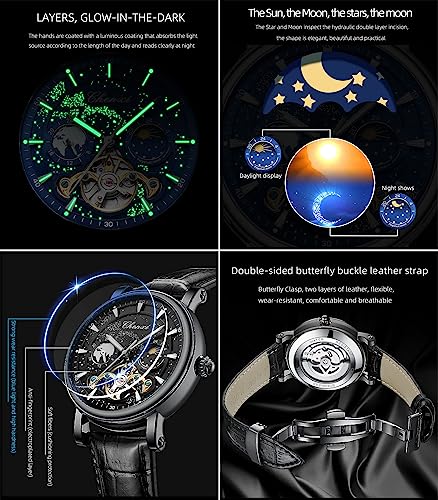 Image of FORSINING Men's Watch Luminous Starry Sky with Moon Phase Tourbillon, Mechanical Automatic Self-wind Fashion Watches, Stainless Steel Case Leather Belt Wristwatch
