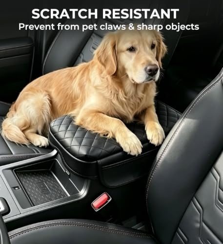 Image of Center Console Cover for Nissan Frontier 2026 2025 2024 2023 2022, 1.2-Inch Thick PU Leather Middle Armrest Cushion Protector Pad with 2 Side Pockets for 2022-2026 Frontier, Black