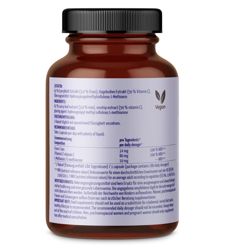 Eisen Kapseln 180 Stück | Eisen aus Curryblatt-Extrakt | Vitamin C aus der Hagebutte | 100% vegan | vom Achterhof