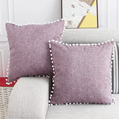 FYJS Paquete de 2 Fundas de Almohada de Lino Artificial con Pompones para decoración del hogar Funda de cojín Cuadrada para sofá Dormitorio 45 x 45 cm (púrpura) Cover