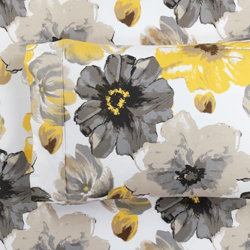 Image of Lush Decor Leah Soft Floral Sheet Set, 6 Piece Set, King, Yellow & Gray- King Size Sheet Set - Printed Bedding - Watercolor Florals - Farmhouse Decor