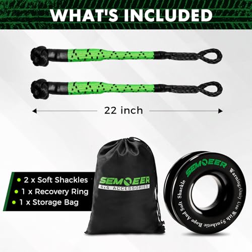 Image of Soft Shackle & Recovery Ring Kit, 1 /2'' x 22'' Soft Shackle Recovery 2 PCS | Max Breaking Strength 56,000 Lbs, with Black Snatch Recovery Ring for ATV UTV SUV Truck Off-Road Vehicle, Black