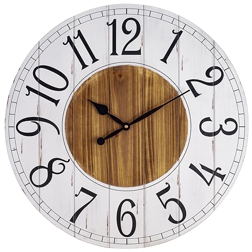BEW 24 Inch Large Farmhouse Solid Wood Wall Clock for Living Room Decor, Silent Non Ticking Battery Operated Wall Clock, White-Brown Rustic Country Distressed Shiplap Round Clock for Kitchen, Bedroom