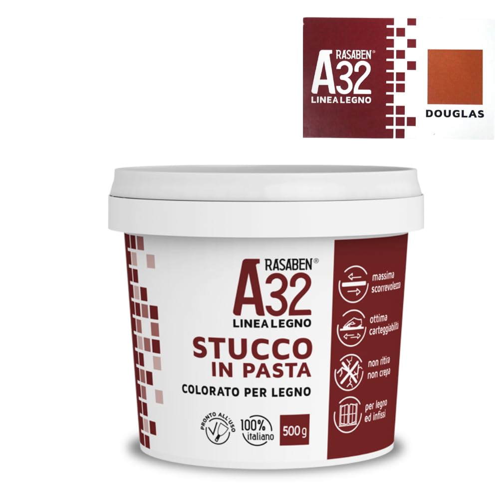 RASABEN - Stucco in Pasta A32 Color Douglas, Specifico per Legno, Pronto all'Uso, Ottima Carteggiabilità, Non Ritira o Crepa, per Mobili e Infissi, Uso Interno, Made in Italy, Barattolo da 0,5kg