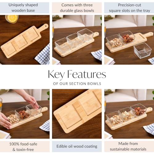 Image of Nestasia Square Glass Bowls Set of 3 (250 ml Each) with Wooden Tray | Transparent Katori for Dessert & Ice Cream, Snacks & Dry Fruits Serving Set for Dining Table, Home & Kitchen - Perfect for Gifting