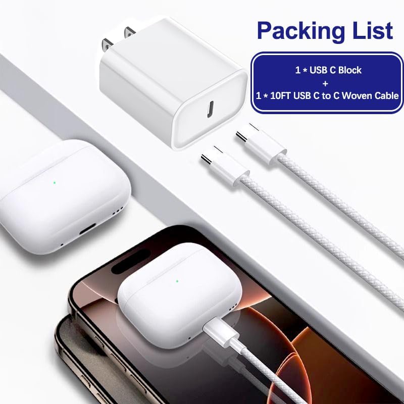 Image of 10FT AirPods Pro 3 Charger Fast Charging,USB C Wall Block Plug&10Foot USB C to C Woven Cable Cord for NEW AirPods Pro 3(2025) / Pro 2,AirPod 4,Air-Pods Max 2 Wireless Earbuds, iPhone 17 /17e /16 /15