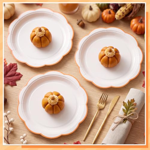 Image of 30 Pcs Orange and White Paper Plates, 7 In Scalloped Fall Plates Disposable